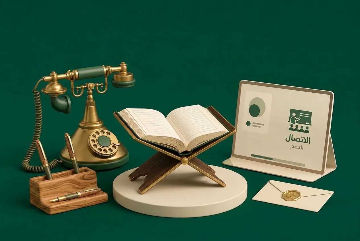 UK Quran Academy admissions desk with vintage brass telephone, open Quran on walnut rehl, and lesson tablet
