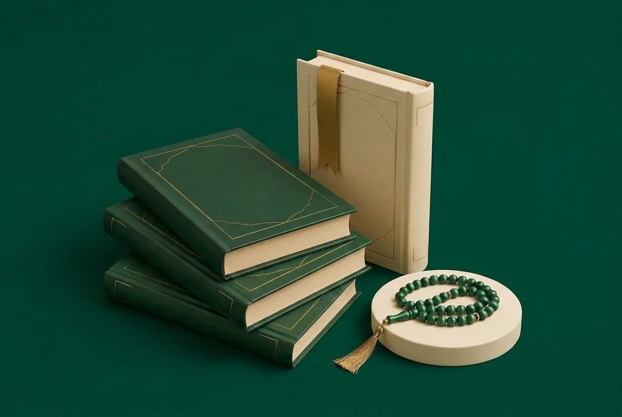 Emerald Juz memorisation volumes with ribbon bookmark and prayer beads