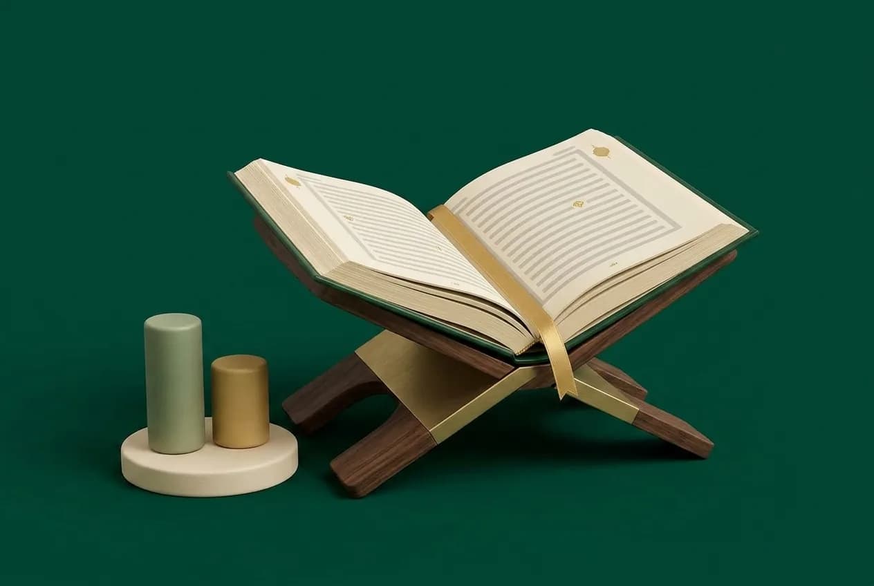 Noble Holy Quran on walnut and brass stand with Tajweed acoustic cylinders
