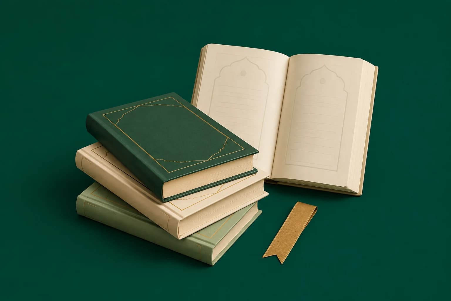 Emerald, ivory and gold Quran curriculum books and open workbook