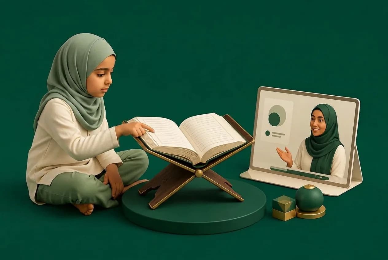 Student engaged in interactive 1-on-1 Quran recitation lesson on tablet with rehl