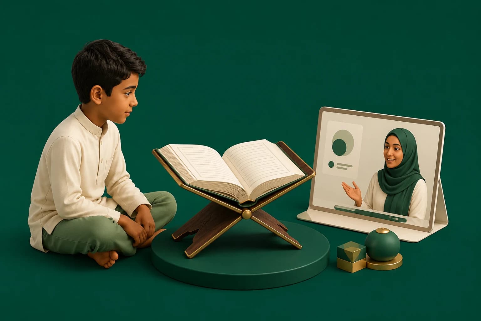 Young British-Pakistani boy studying the Holy Quran with an online tutor on tablet