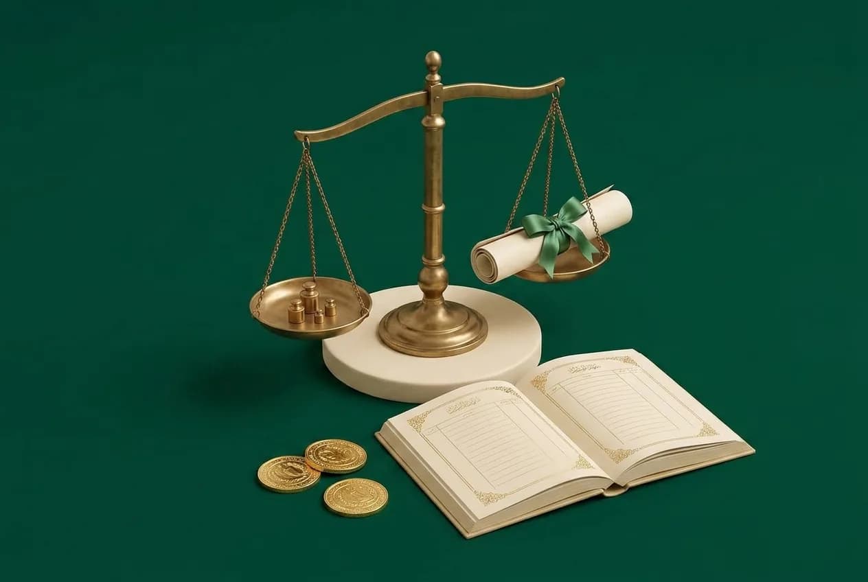 Classical brass balance scale, academic graduation diploma scroll, ledger book with gold leaf accents on emerald background