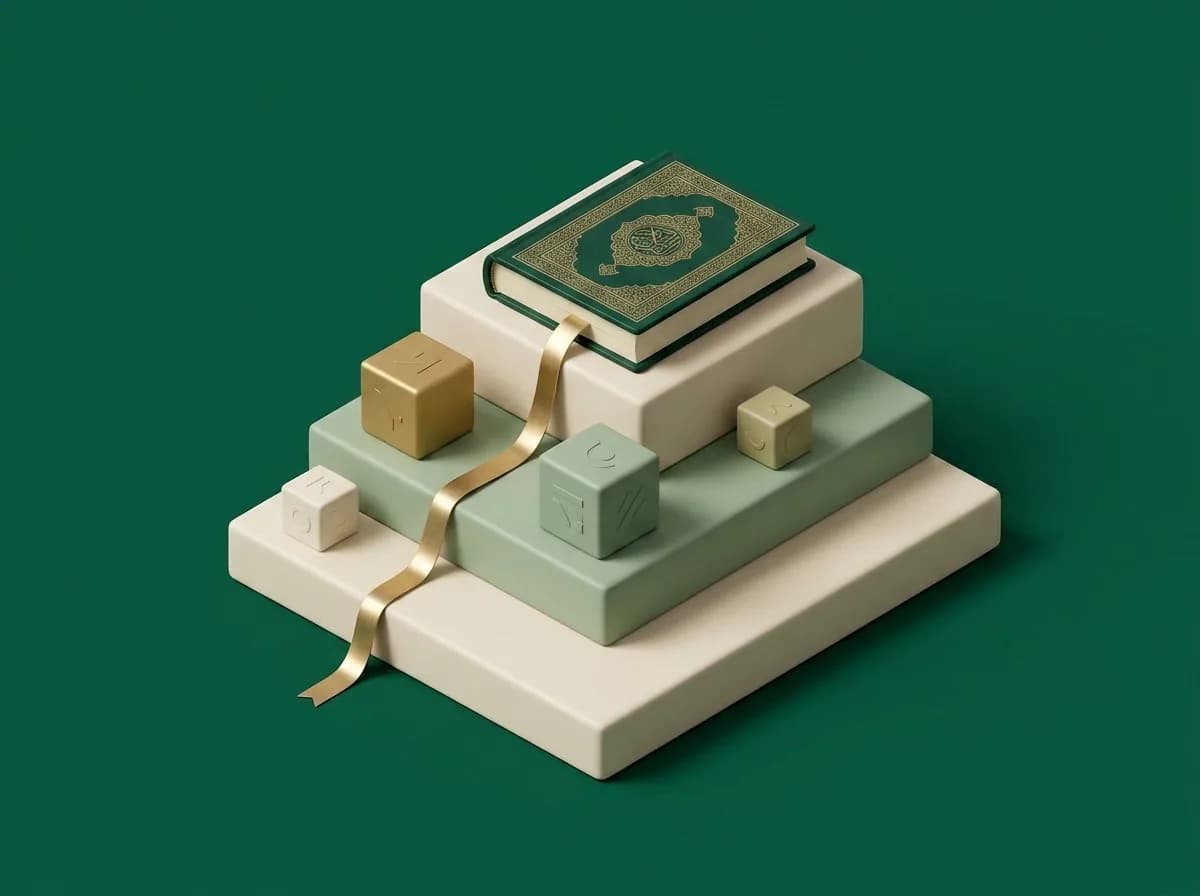 Stepped learning milestone tiers with progress cubes and Holy Quran