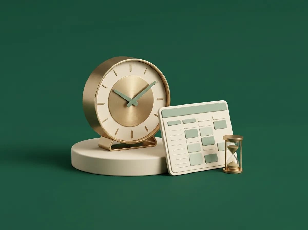 Modern brass desk clock, schedule calendar tablet and hourglass